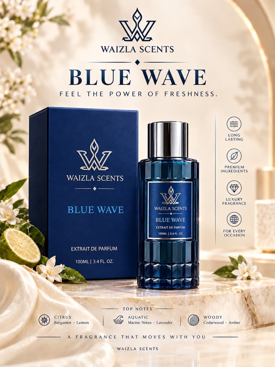 Updated Blue Wave extrait de parfum bottle with its navy presentation box