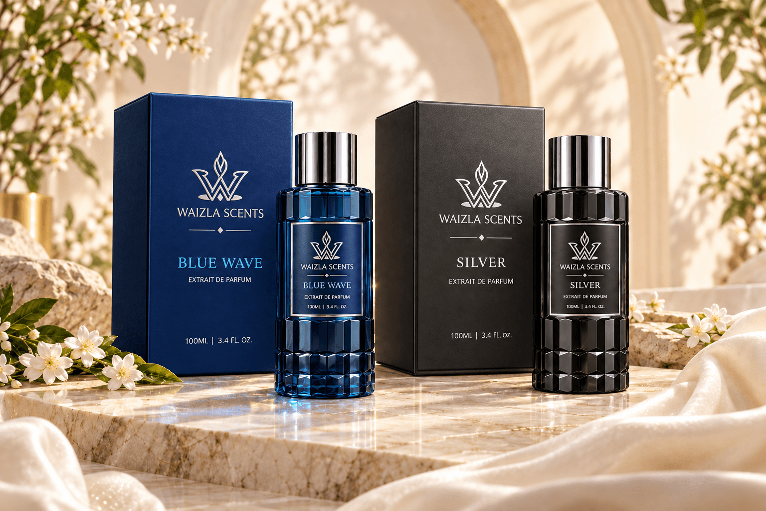 Blue Wave and Silver Waizla Scents bottles with their presentation boxes in a shared campaign setting
