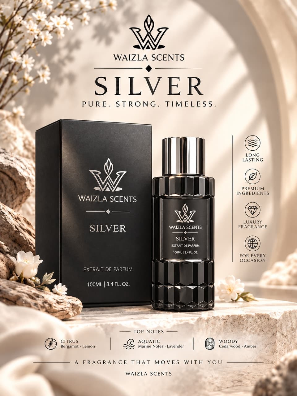 Updated Silver extrait de parfum bottle with its black presentation box