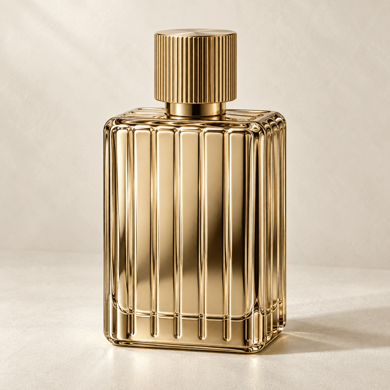 Fragrance bottle with a reflective champagne metallic coating