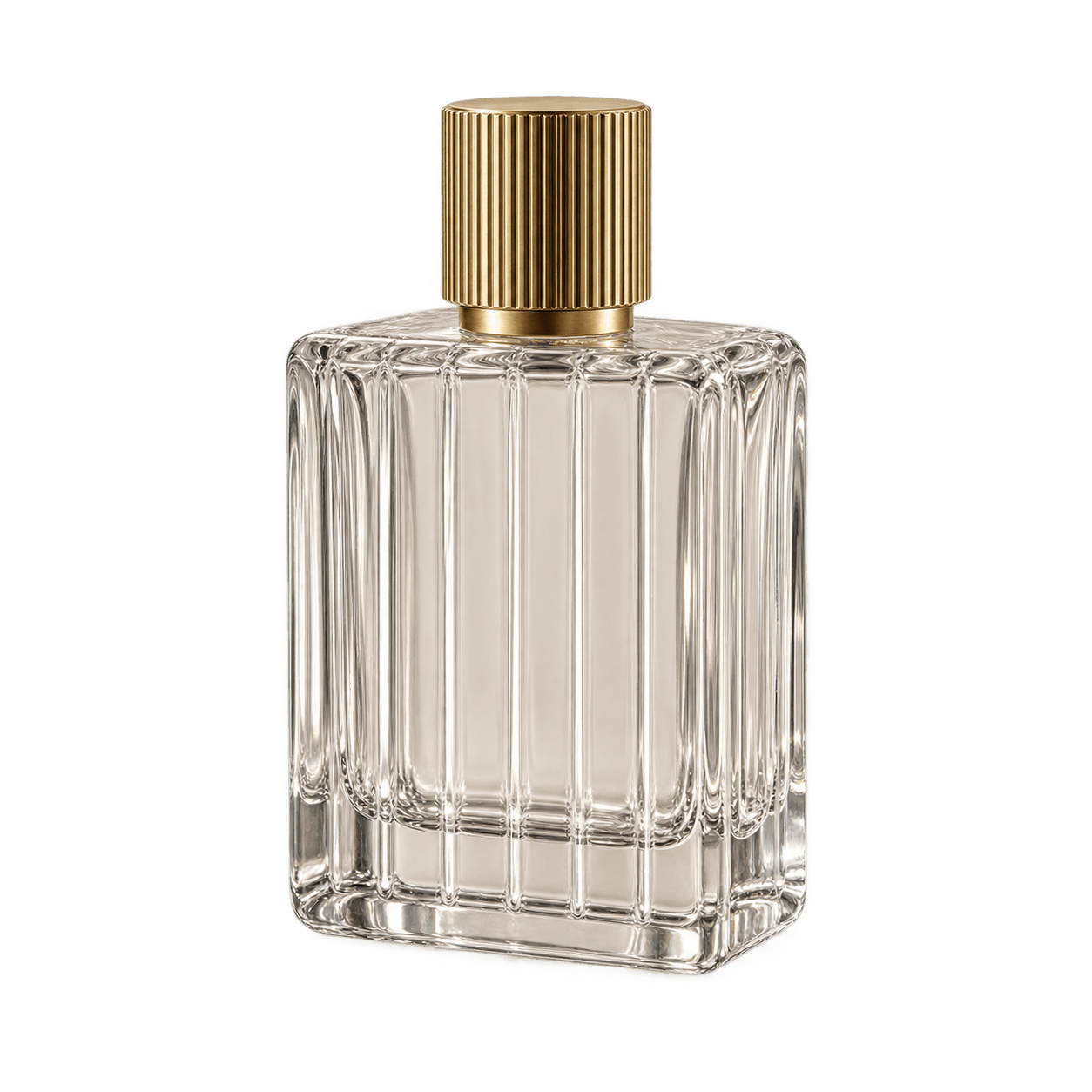 Crystal-clear glass fragrance bottle with a brass cap