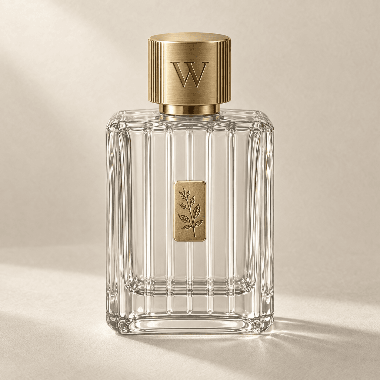 Clear fragrance bottle with laser-engraved brass cap and plaque