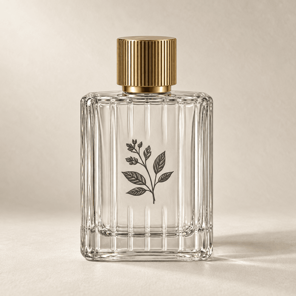 Clear glass fragrance bottle with a charcoal screen-printed botanical motif
