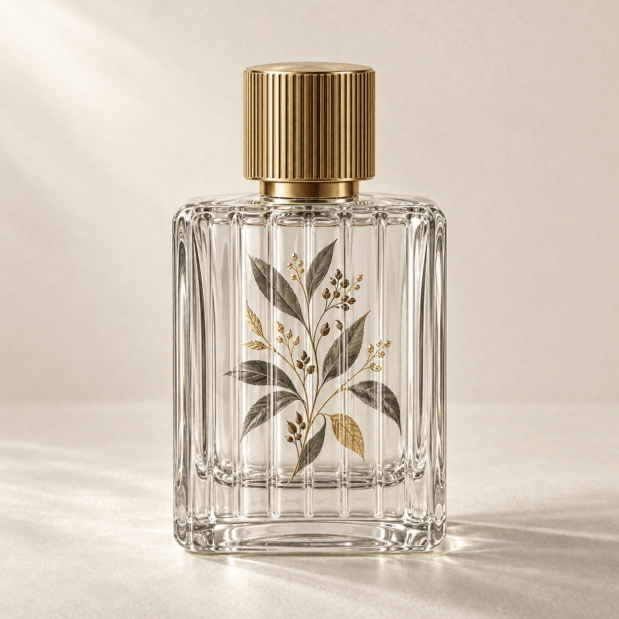 Clear glass fragrance bottle with a detailed multicolour UV-printed motif
