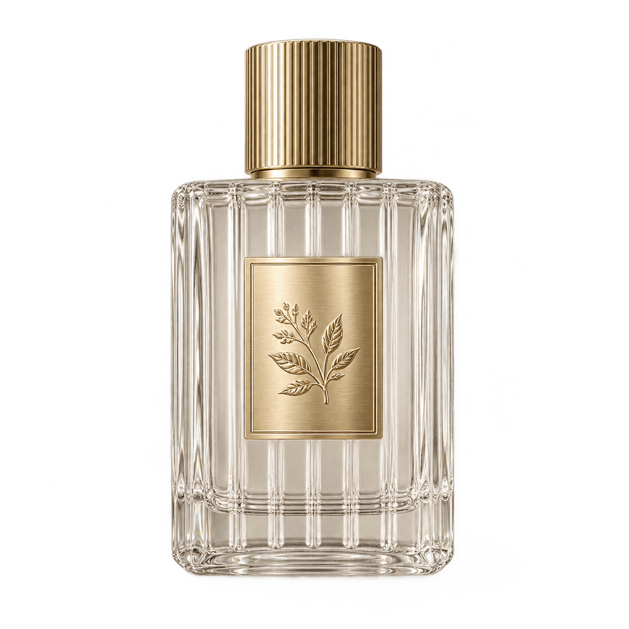 Clear fragrance bottle with a brushed champagne metallic sticker