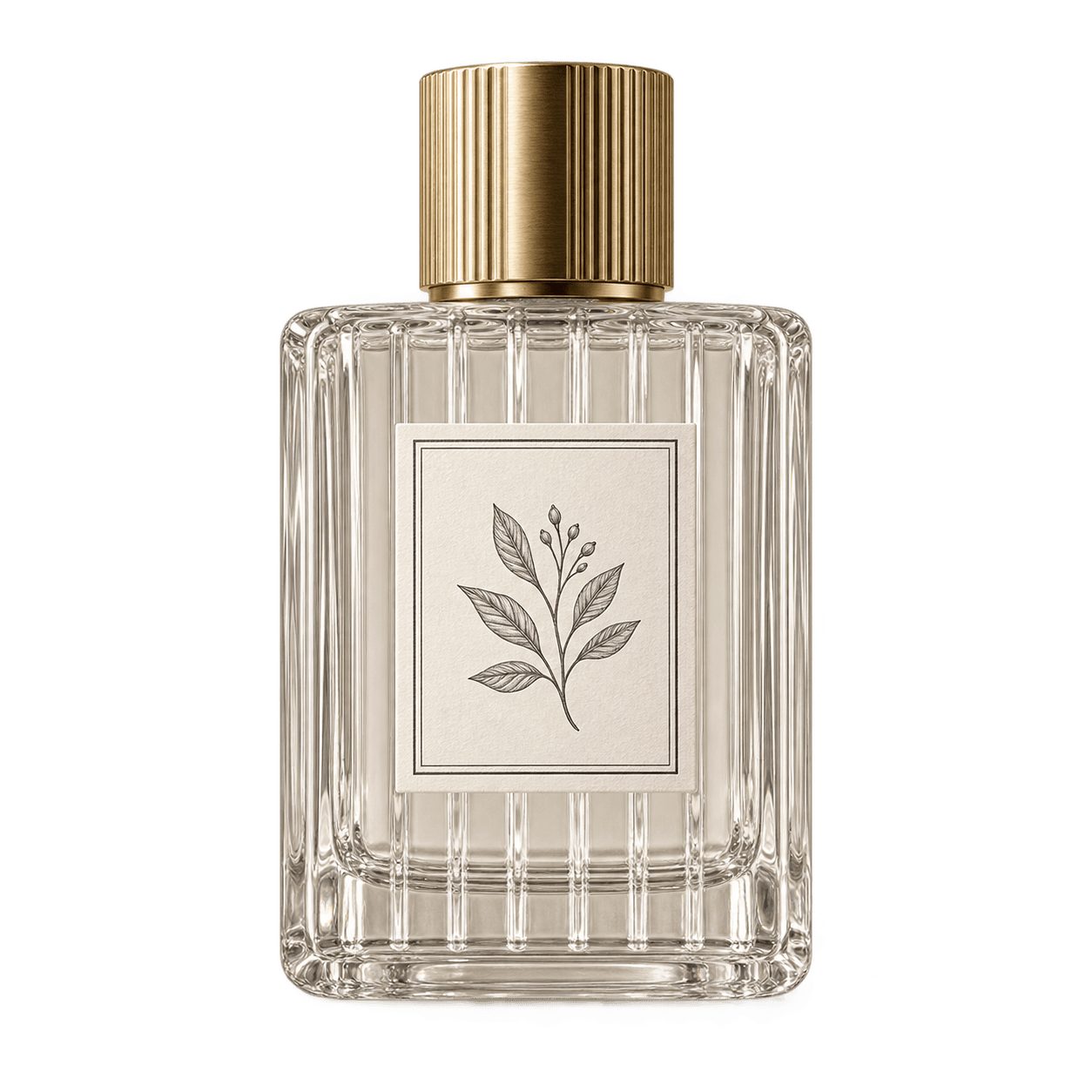 Clear fragrance bottle with a warm-white printed paper sticker