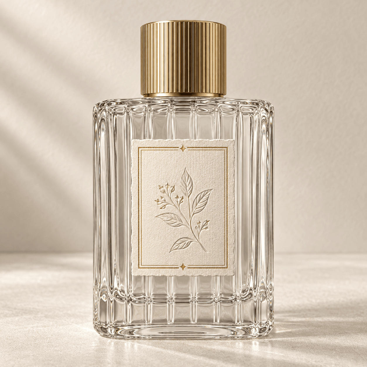Clear fragrance bottle with a textured specialty paper sticker