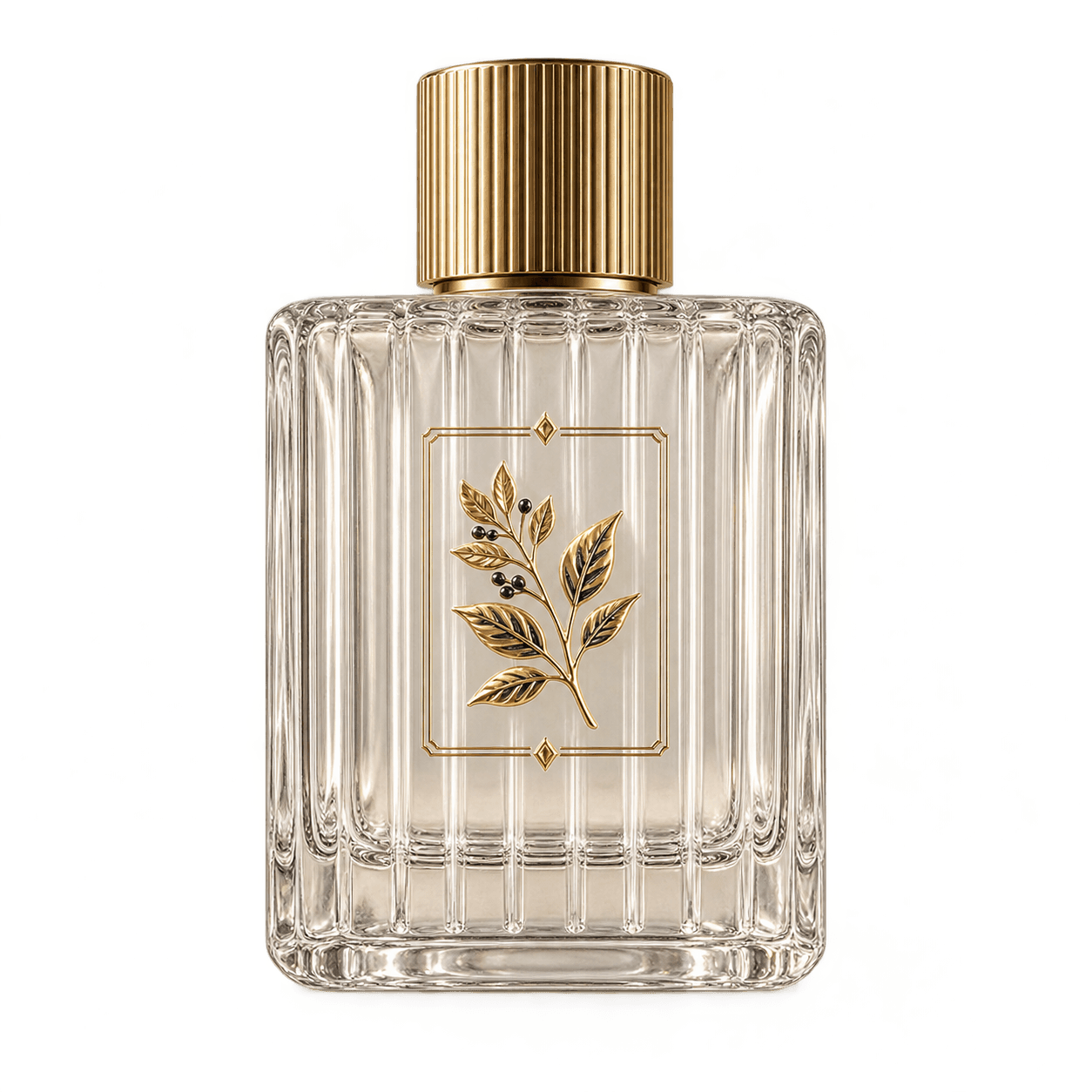 Clear fragrance bottle with a raised gold UV transfer sticker